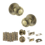 Atlantic Old English Ripon Door Knob Pack (Bathroom Set - 4" Deadbolt, 4" Fire Rated Hinges x3) - Antique Brass