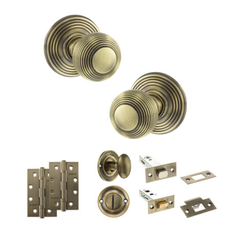 Atlantic Old English Ripon Door Knob Pack (Bathroom Set - 3" Deadbolt, 4" Slim Knuckle Hinges x2) - Antique Brass
