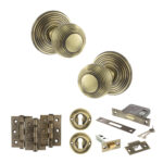 Atlantic Old English Ripon Door Knob Pack (Lock Set - 3" Latch & Deadlock, 3" Fire Rated Hinges x3) - Antique Brass