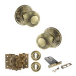 Atlantic Old English Ripon Door Knob Pack (Lock Set - Horizontal Sashlock, 3" Fire Rated Hinges x3) - Antique Brass