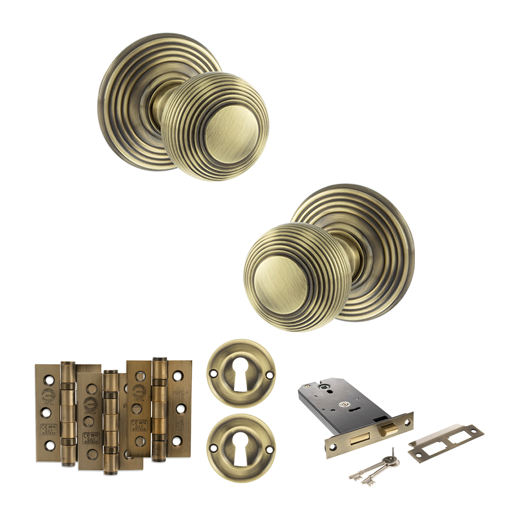 ADPOE50RMKAB69_OLD-ENGLISH-RIPON-ANTIQUE-BRASS.jpg Atlantic Old English Ripon Door Knob Pack (Lock Set - Horizontal Sashlock, 3" Fire Rated Hinges x3) - Antique Brass - Image 1