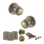 Atlantic Old English Ripon Door Knob Pack (Lock Set - Horizontal Bathlock, 4" Fire Rated Hinges x3) - Antique Brass