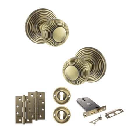Atlantic Old English Ripon Door Knob Pack (Lock Set - Horizontal Sashlock, 4" Slim Knuckle Hinges x2) - Antique Brass