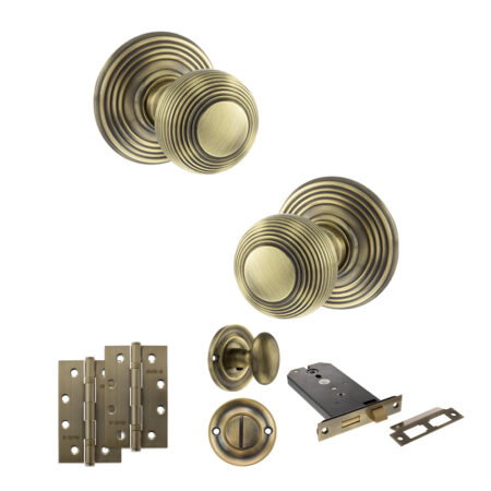 Atlantic Old English Ripon Door Knob Pack (Lock Set - Horizontal Bathlock, 4" Slim Knuckle Hinges x2) - Antique Brass