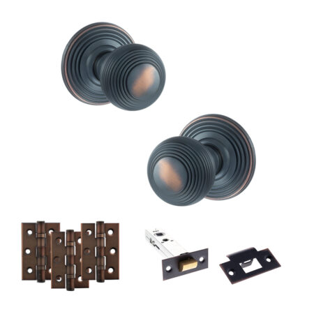 Atlantic Old English Ripon Door Knob Pack (Latch Set - 3" HD Latch, 3" Fire Rated Hinges x3) - Antique Copper