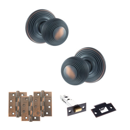 Atlantic Old English Ripon Door Knob Pack (Latch Set - 3" HD Latch, 4" Fire Rated Hinges x3) - Antique Copper