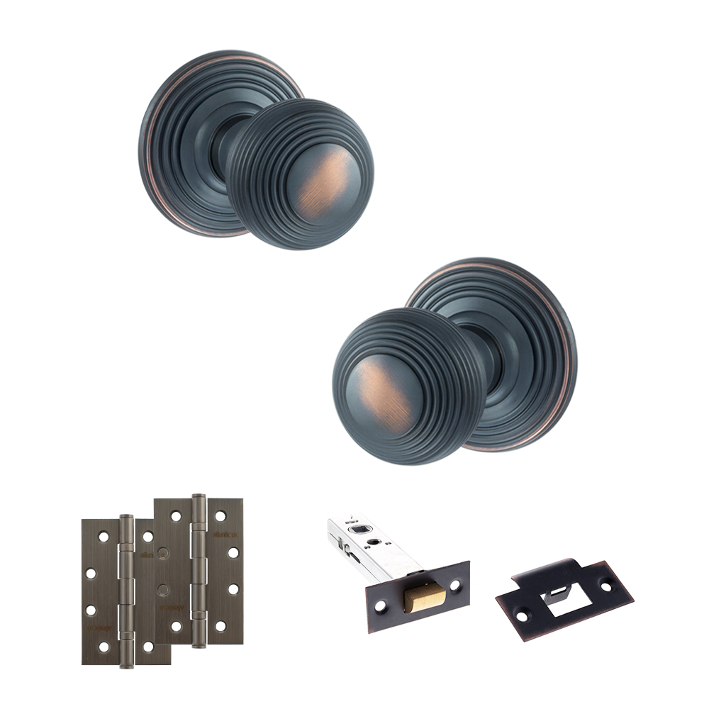 ADPOE50RMKAC58_OLD-ENGLISH-RIPON-ANTIQUE-COPPER.jpg Atlantic Old English Ripon Door Knob Pack (Latch Set - 3" HD Latch, 4" Slim Knuckle Hinges x2) - Antique Copper - Image 1