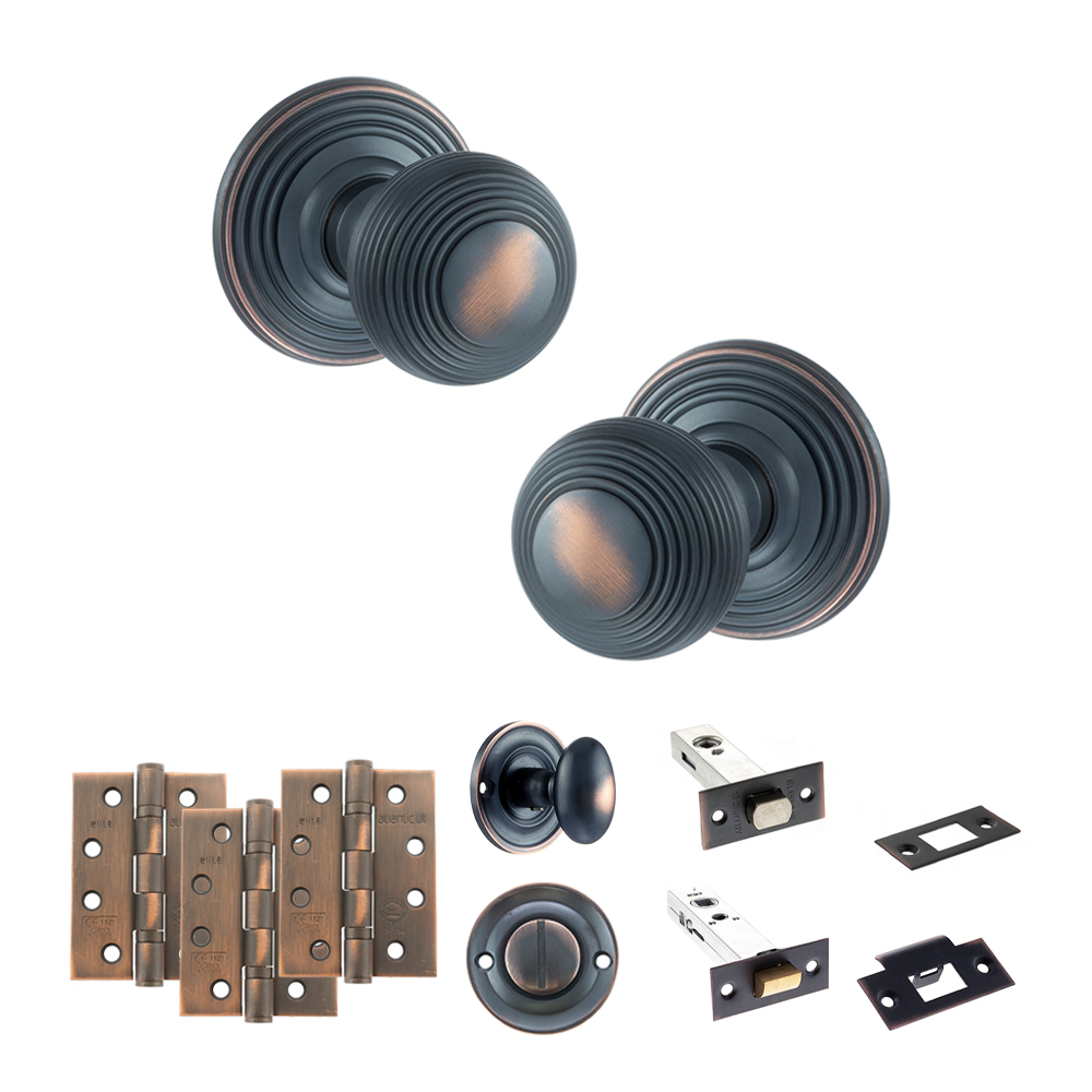 ADPOE50RMKAC63_OLD-ENGLISH-RIPON-ANTIQUE-COPPER.jpg Atlantic Old English Ripon Door Knob Pack (Bathroom Set - 4" Deadbolt, 4" Fire Rated Hinges x3) - Antique Copper - Image 1