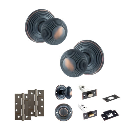 Atlantic Old English Ripon Door Knob Pack (Bathroom Set - 4" Deadbolt, 4" Slim Knuckle Hinges x2) - Antique Copper