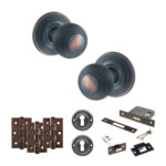 Atlantic Old English Ripon Door Knob Pack (Lock Set - 3" Latch & Deadlock, 3" Fire Rated Hinges x3) - Antique Copper