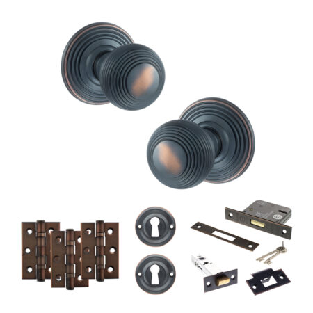 Atlantic Old English Ripon Door Knob Pack (Lock Set - 3" Latch & Deadlock, 3" Fire Rated Hinges x3) - Antique Copper