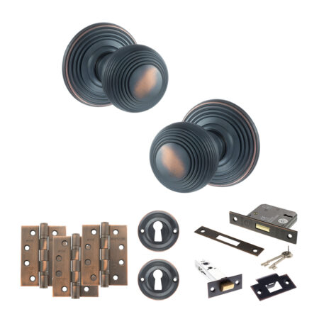 Atlantic Old English Ripon Door Knob Pack (Lock Set - 3" Latch & Deadlock, 4" Fire Rated Hinges x3) - Antique Copper