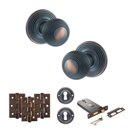 Atlantic Old English Ripon Door Knob Pack (Lock Set - Horizontal Sashlock, 3" Fire Rated Hinges x3) - Antique Copper