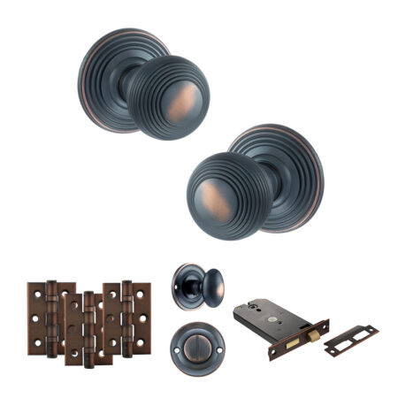 Atlantic Old English Ripon Door Knob Pack (Lock Set - Horizontal Bathlock, 3" Fire Rated Hinges x3) - Antique Copper