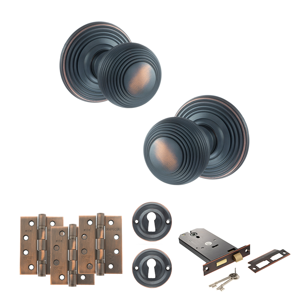 ADPOE50RMKAC71_OLD-ENGLISH-RIPON-ANTIQUE-COPPER.jpg Atlantic Old English Ripon Door Knob Pack (Lock Set - Horizontal Sashlock, 4" Fire Rated Hinges x3) - Antique Copper - Image 1