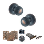 Atlantic Old English Ripon Door Knob Pack (Lock Set - Horizontal Bathlock, 4" Fire Rated Hinges x3) - Antique Copper