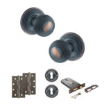 Atlantic Old English Ripon Door Knob Pack (Lock Set - Horizontal Sashlock, 4" Slim Knuckle Hinges x2) - Antique Copper