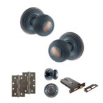 Atlantic Old English Ripon Door Knob Pack (Lock Set - Horizontal Bathlock, 4" Slim Knuckle Hinges x2) - Antique Copper