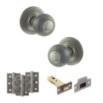 Atlantic Old English Ripon Door Knob Pack (Latch Set - 3" HD Latch, 3" Fire Rated Hinges x3) - Distressed Silver
