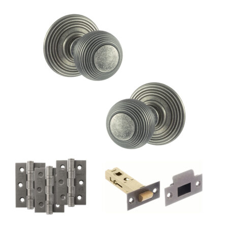 Atlantic Old English Ripon Door Knob Pack (Latch Set - 4" HD Latch, 3" Fire Rated Hinges x3) - Distressed Silver