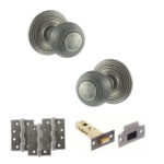 Atlantic Old English Ripon Door Knob Pack (Latch Set - 4" HD Latch, 4" Fire Rated Hinges x3) - Distressed Silver