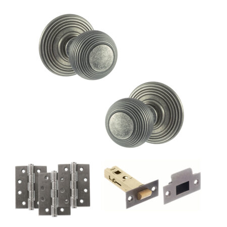 Atlantic Old English Ripon Door Knob Pack (Latch Set - 4" HD Latch, 4" Fire Rated Hinges x3) - Distressed Silver