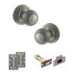 Atlantic Old English Ripon Door Knob Pack (Latch Set - 3" HD Latch, 4" Slim Knuckle Hinges x2) - Distressed Silver