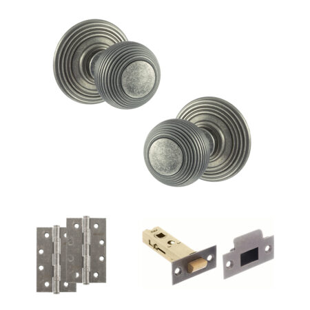 Atlantic Old English Ripon Door Knob Pack (Latch Set - 3" HD Latch, 4" Slim Knuckle Hinges x2) - Distressed Silver