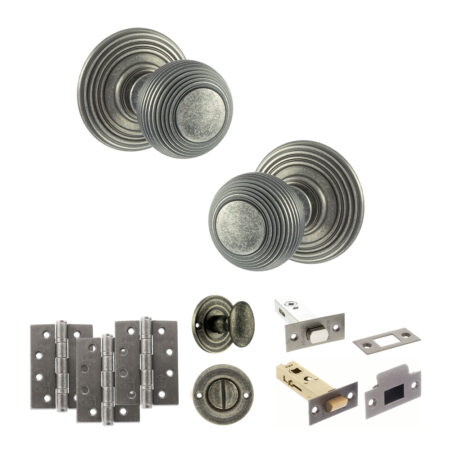 Old English Ripon Door Knob Pack (Bathroom Set - 4" Deadbolt, 4" Fire Rated Hinges x3) - Distressed Silver