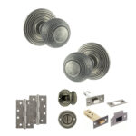 Old English Ripon Door Knob Pack (Bathroom Set - 3" Deadbolt, 4" Slim Knuckle Hinges x2) - Distressed Silver