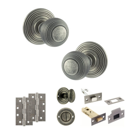 Old English Ripon Door Knob Pack (Bathroom Set - 4" Deadbolt, 4" Slim Knuckle Hinges x2) - Distressed Silver