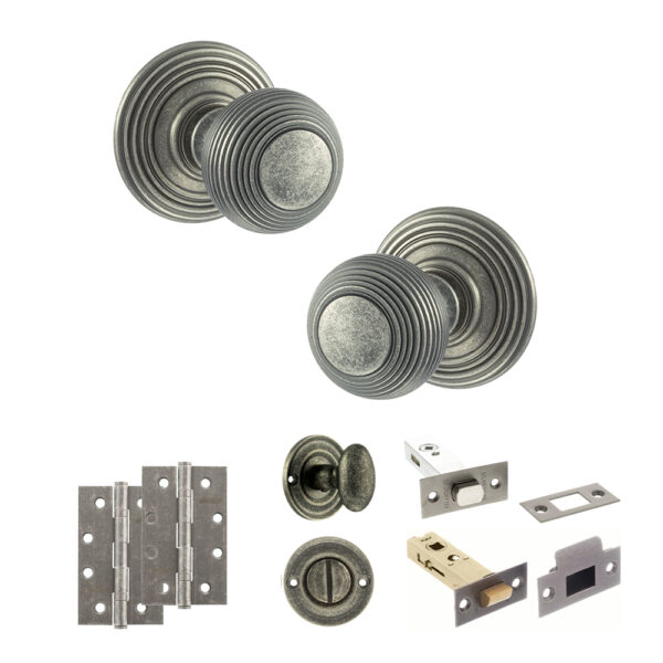 Old English Ripon Door Knob Pack (Bathroom Set - 4" Deadbolt, 4" Slim Knuckle Hinges x2) - Distressed Silver