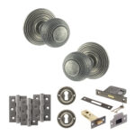 Old English Ripon Door Knob Pack (Lock Set - 3" Latch & Deadlock, 3" Fire Rated Hinges x3) - Distressed Silver