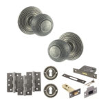 Old English Ripon Door Knob Pack (Lock Set - 3" Latch & Deadlock, 4" Fire Rated Hinges x3) - Distressed Silver