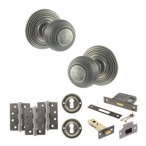 Old English Ripon Door Knob Pack (Lock Set - 3" Latch & Deadlock, 4" Fire Rated Hinges x3) - Distressed Silver