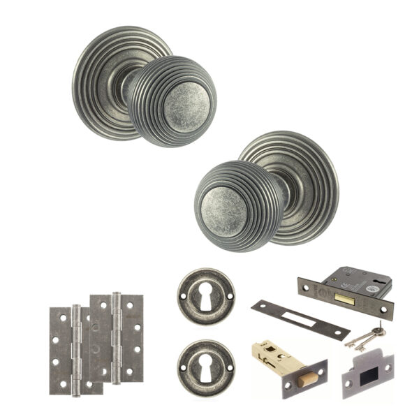 Old English Ripon Door Knob Pack (Lock Set - 3" Latch & Deadlock, 4" Slim Knuckle Hinges x2) - Distressed Silver