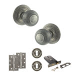 Old English Ripon Door Knob Pack (Lock Set - Horizontal Sashlock, 4" Slim Knuckle Hinges x2) - Distressed Silver