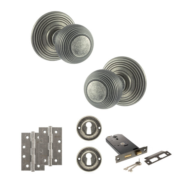 Old English Ripon Door Knob Pack (Lock Set - Horizontal Sashlock, 4" Slim Knuckle Hinges x2) - Distressed Silver