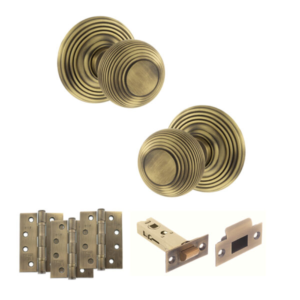 Old English Ripon Door Knob Pack (Latch Set - 4" HD Latch, 4" Fire Rated Hinges x3) - Matt Antique Brass