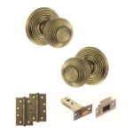 Old English Ripon Door Knob Pack (Latch Set - 3" HD Latch, 4" Slim Knuckle Hinges x2) - Matt Antique Brass
