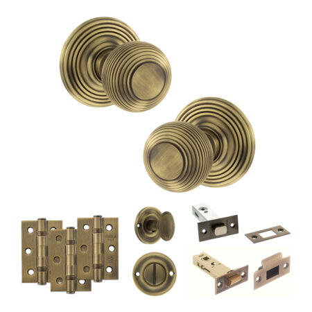 Old English Ripon Door Knob Pack (Bathroom Set - 3" Deadbolt, 3" Fire Rated Hinges x3) - Matt Antique Brass