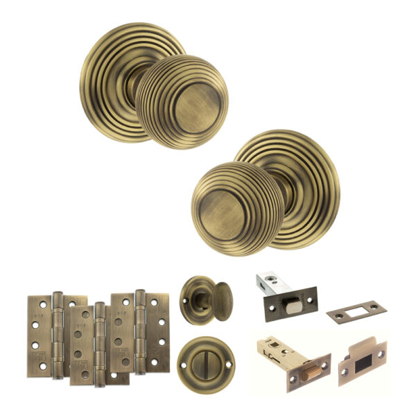 Old English Ripon Door Knob Pack (Bathroom Set - 3" Deadbolt, 4" Fire Rated Hinges x3) - Matt Antique Brass