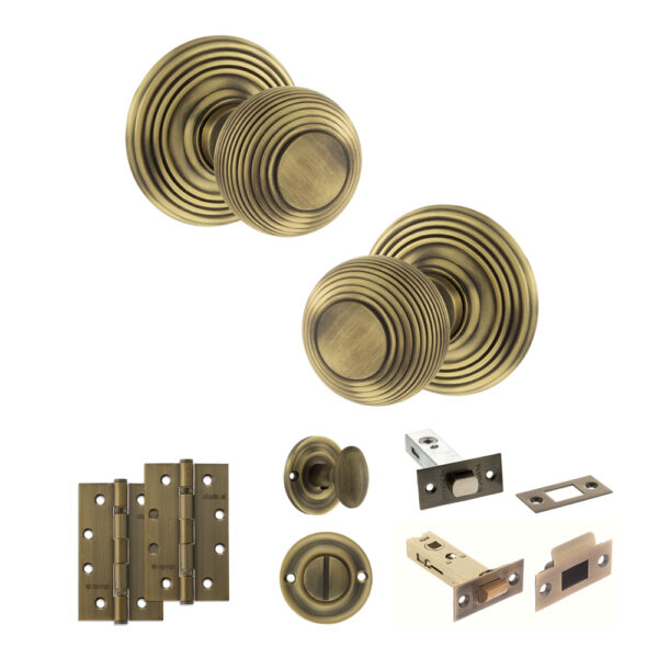 Old English Ripon Door Knob Pack (Bathroom Set - 4" Deadbolt, 4" Slim Knuckle Hinges x2) - Matt Antique Brass
