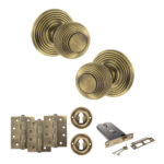 Old English Ripon Door Knob Pack (Lock Set - Horizontal Sashlock, 4" Fire Rated Hinges x3) - Matt Antique Brass