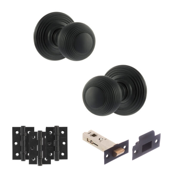Old English Ripon Door Knob Pack (Latch Set - 3" HD Latch, 3" Fire Rated Hinges x3) - Matt Black