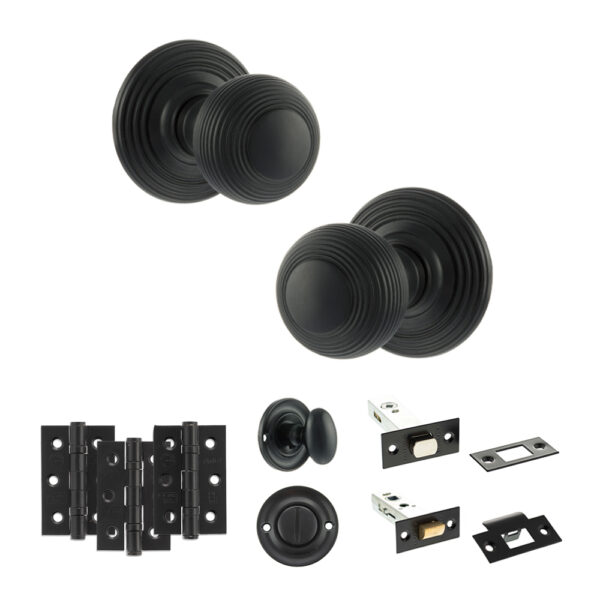 Old English Ripon Door Knob Pack (Bathroom Set - 4" Deadbolt, 3" Fire Rated Hinges x3) - Matt Black