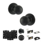 Old English Ripon Door Knob Pack (Bathroom Set - 4" Deadbolt, 4" Fire Rated Hinges x3) - Matt Black
