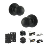 Old English Ripon Door Knob Pack (Bathroom Set - 3" Deadbolt, 4" Slim Knuckle Hinges x2) - Matt Black