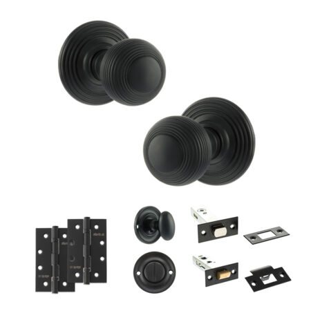 Old English Ripon Door Knob Pack (Bathroom Set - 4" Deadbolt, 4" Slim Knuckle Hinges x2) - Matt Black