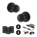 Old English Ripon Door Knob Pack (Lock Set - 3" Latch & Deadlock, 3" Fire Rated Hinges x3) - Matt Black